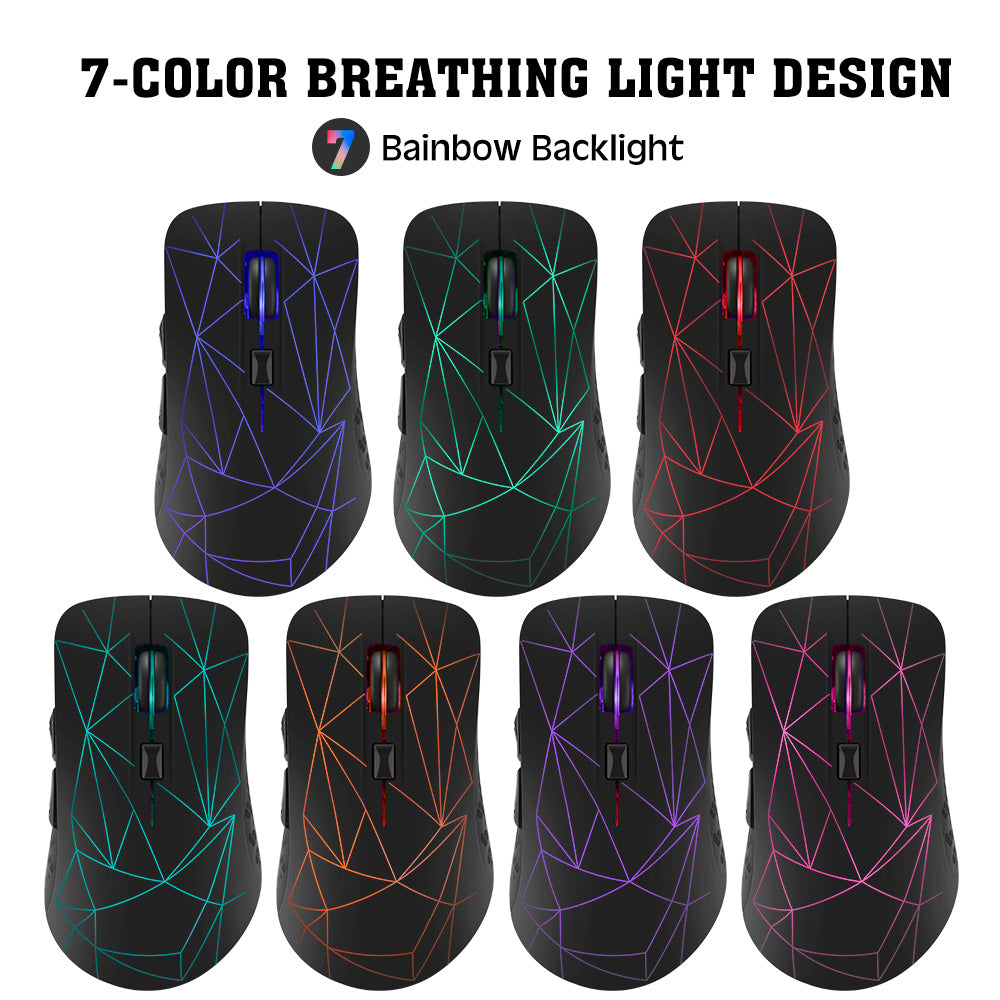 Wireless mouse with 7-color RGB lighting illuminated

