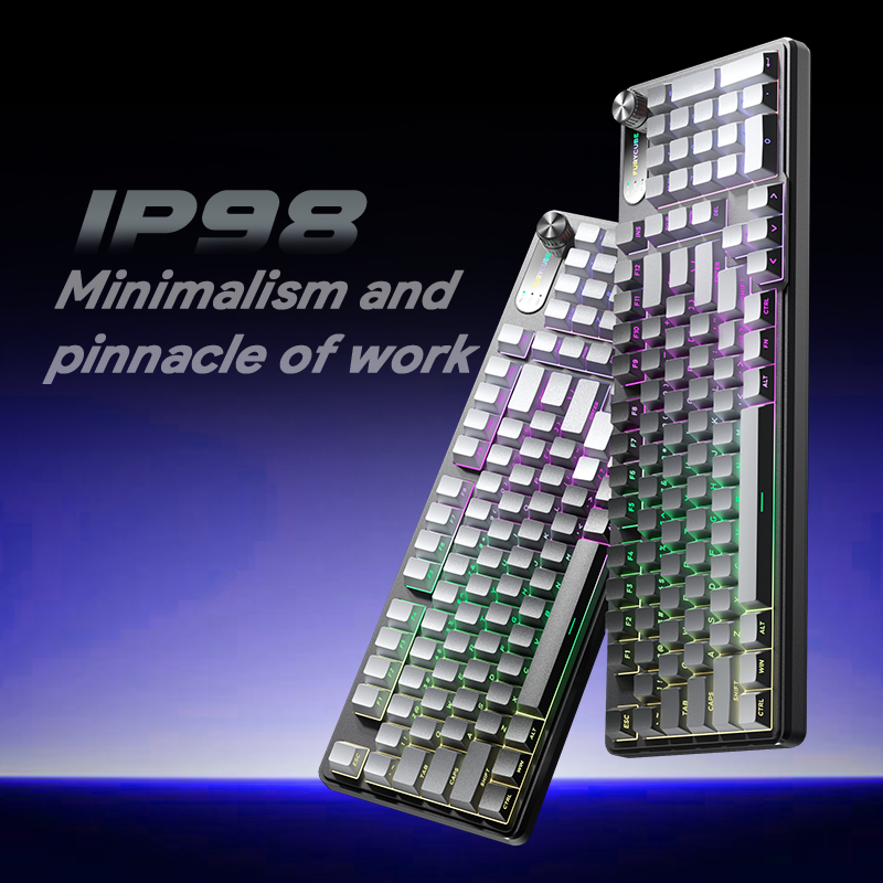 Dreilex IP98 keyboard with RGB lighting and control knob on desk setup