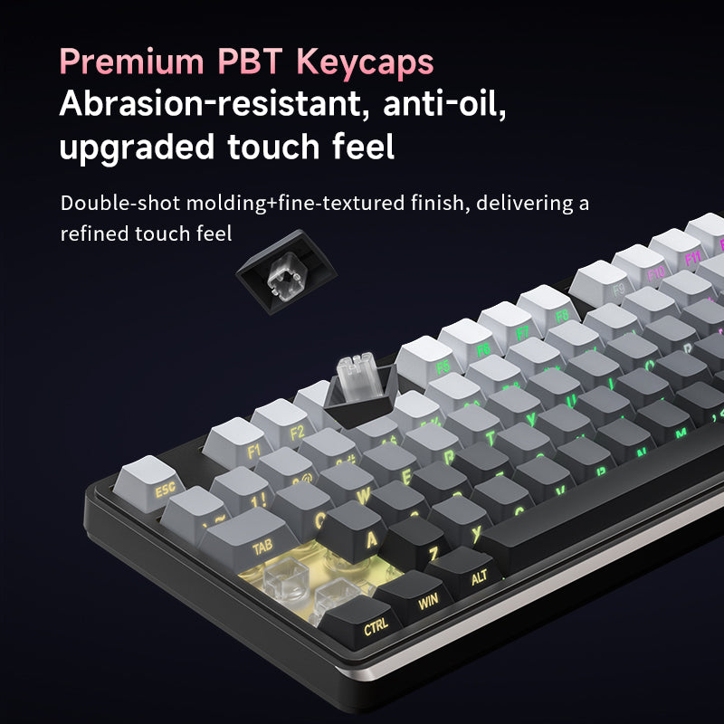 Premium PBT side-lit keycaps on Dreilex IP98 keyboard with RGB glow
