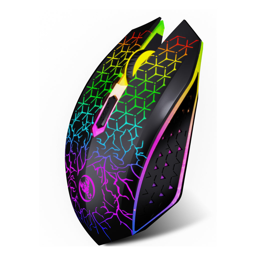 Dreilex PRO GM1 wireless gaming mouse with LED lighting on black desk setup