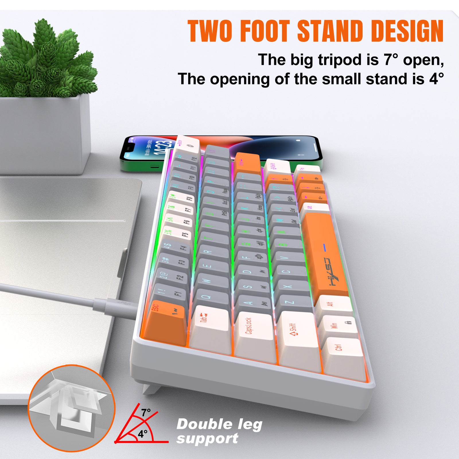 Adjustable two-foot tilt stand on bottom of V500 mechanical keyboard