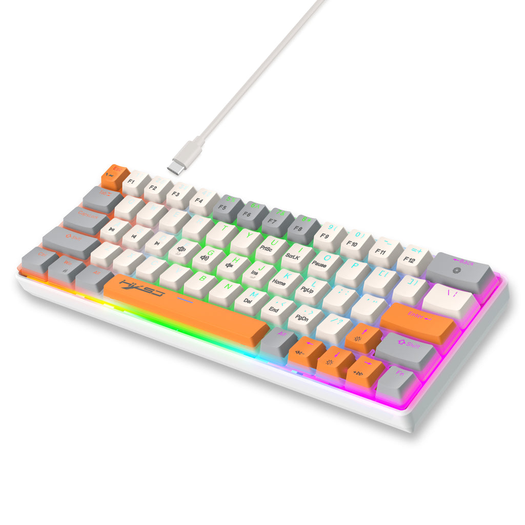 Top view of Dreilex V500 63-key compact keyboard white orange keycaps
