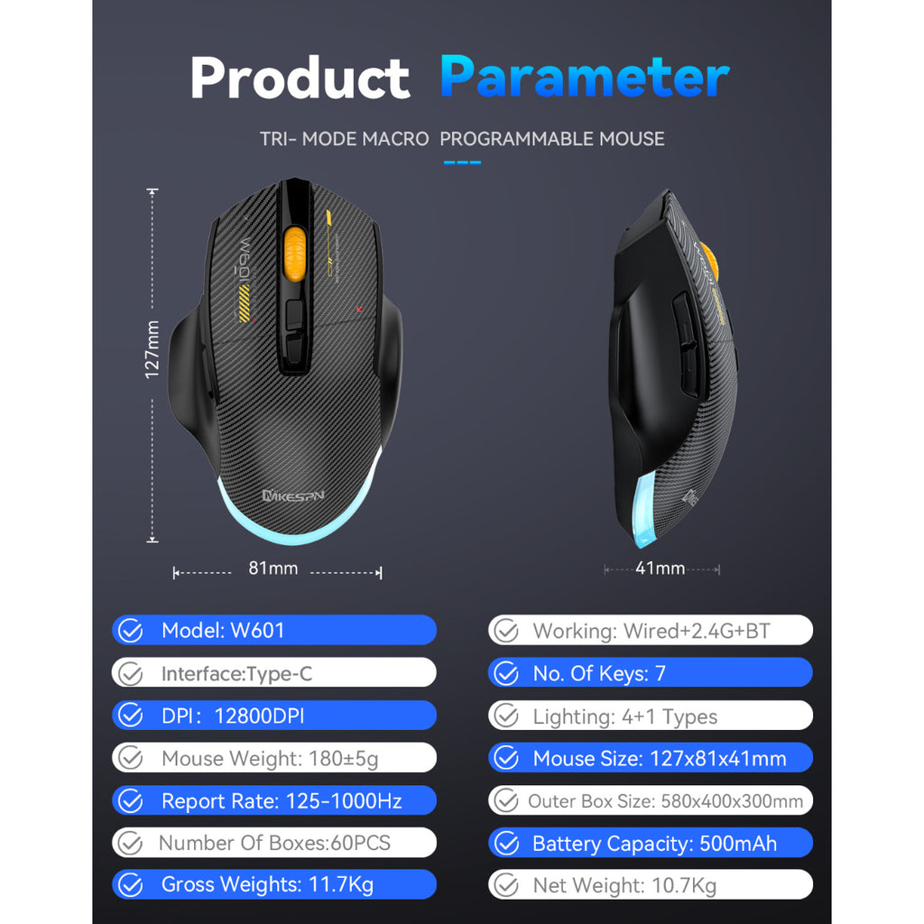 Dreilex MKESPN W601 Wireless Gaming Mouse – 12800 DPI, Macro, RGB, Silent